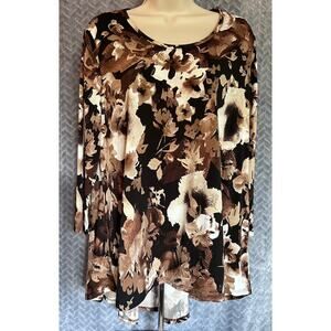 Susan Graver Liquid Knit Top in Striking Black/Brown Floral  L Colorful Casual